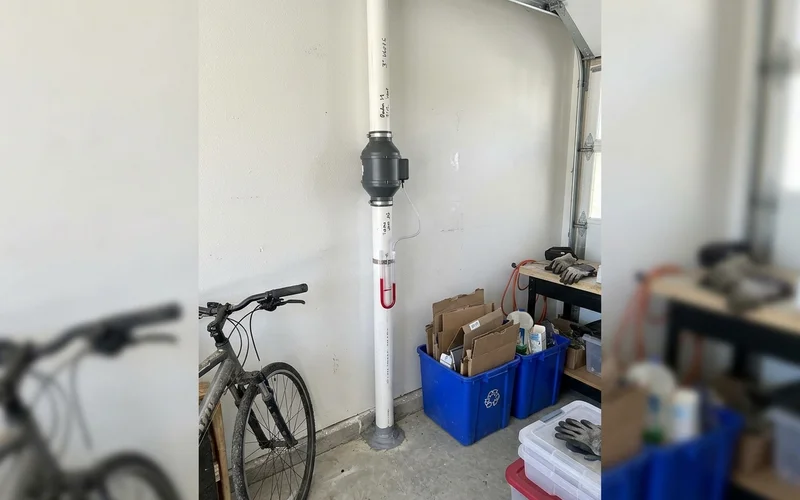 Active radon fan and manometer in a new home's garage