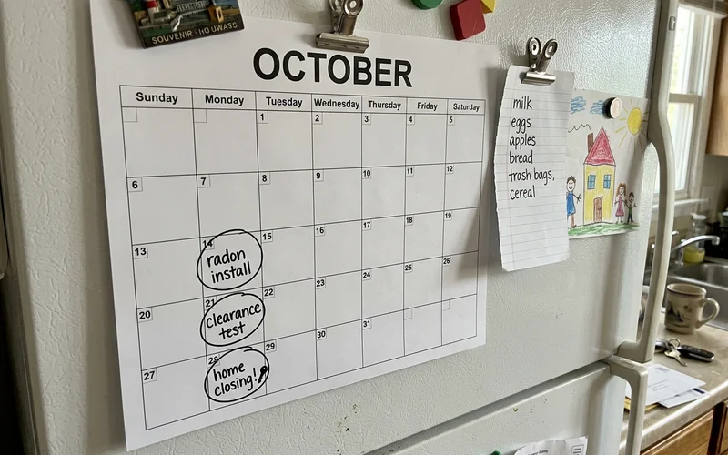 Calendar with radon install and clearance test dates marked before closing