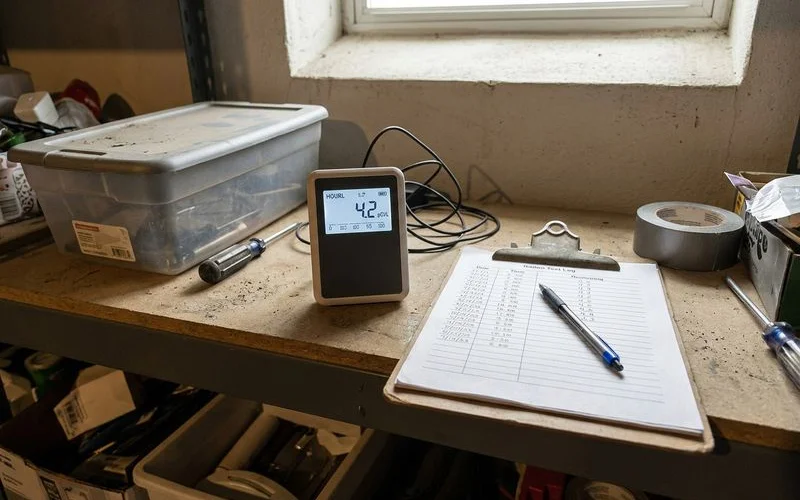 Continuous radon monitor showing hourly readings next to a test log