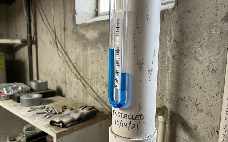 U-tube manometer on a radon pipe with liquid levels offset