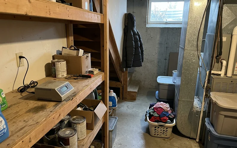 Continuous radon monitor on a basement shelf near a running furnace