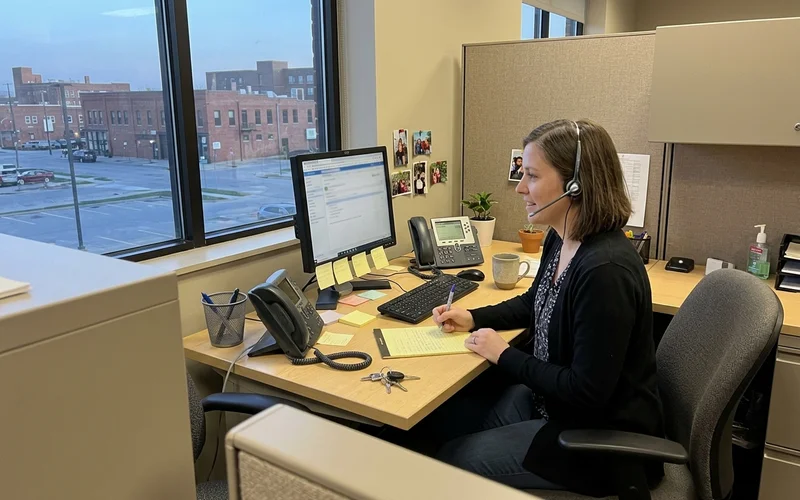 Customer support answering a call in the Des Moines office
