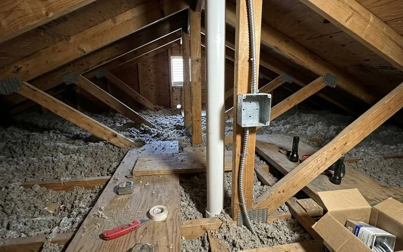 Attic junction box beside a passive radon vent pipe, ready for a fan