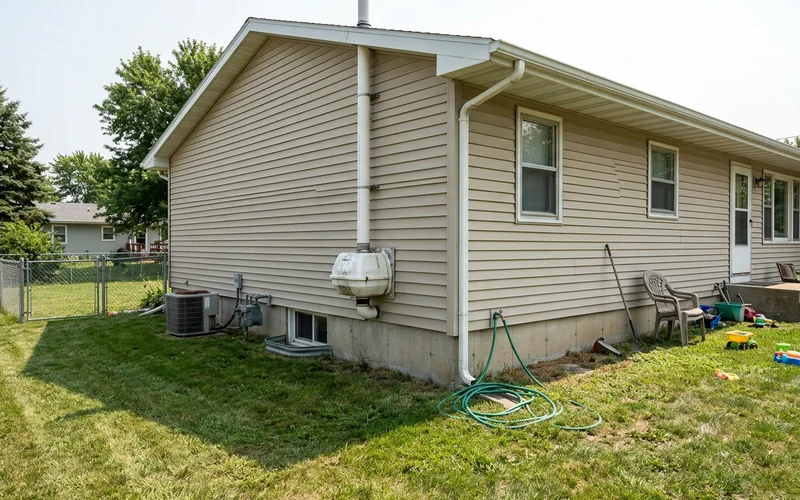 Exterior radon system on a ranch home in Central Iowa