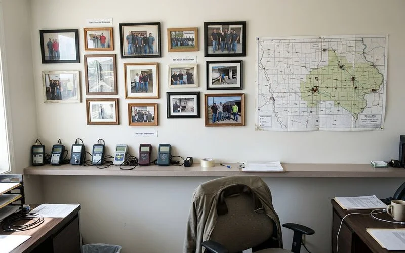 Office wall with a Central Iowa service map and radon monitors on a shelf