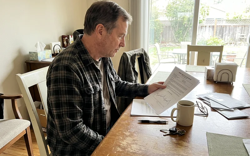 Homeowner reading a radon clearance report at a dining table