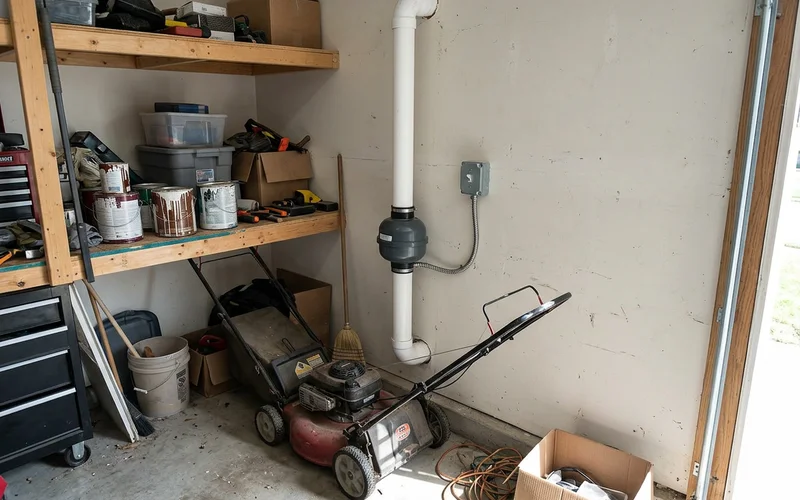 Inline radon fan with electrical disconnect in a garage