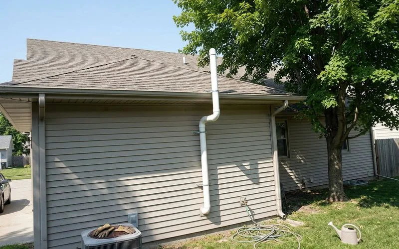 Radon discharge pipe ending above the roofline of a Central Iowa home