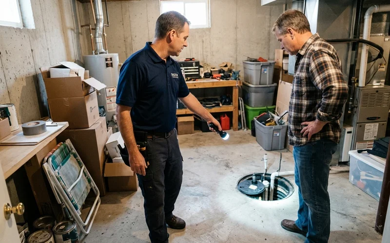 Technician walking a homeowner through a basement for an estimate