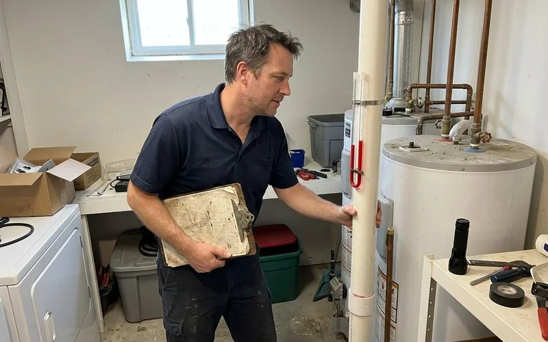 Technician checking a manometer reading on a radon pipe