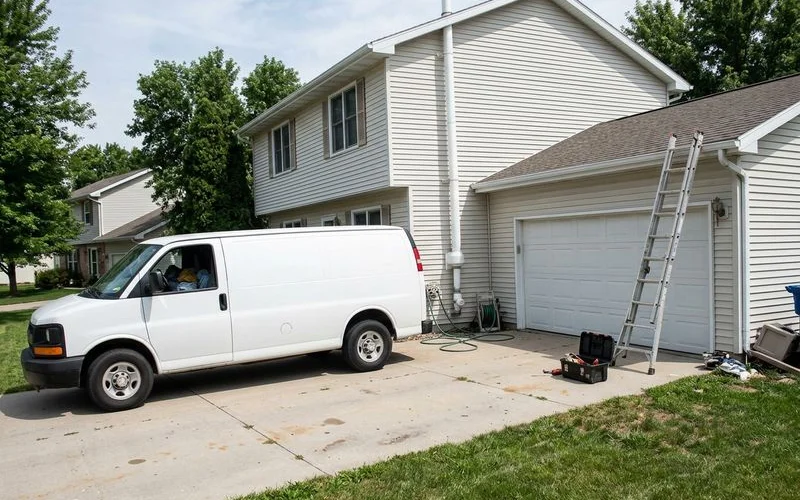 Service van parked in front of a Central Iowa home with radon pipe on the siding