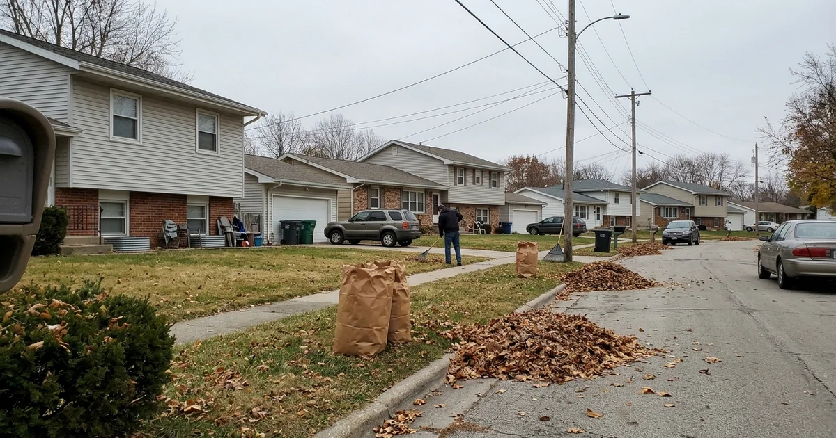 Central Iowa suburban street of homes with basements under a gray sky