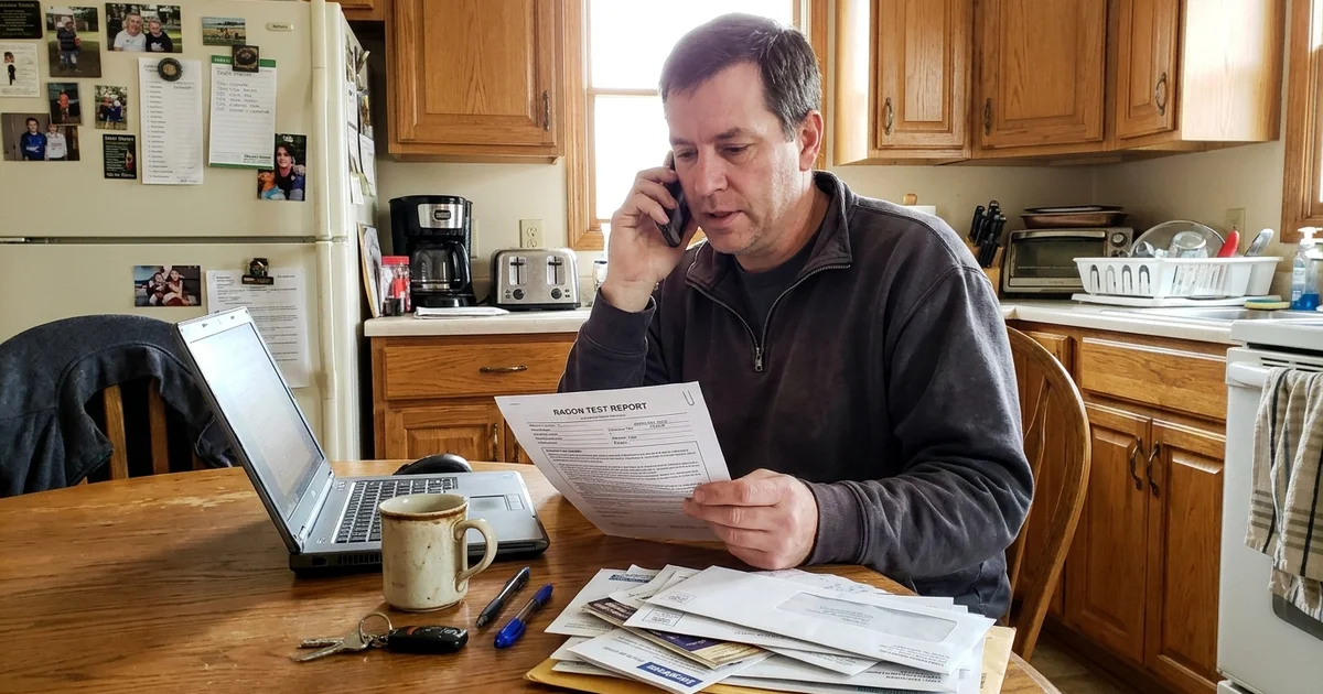 Person on the phone at a kitchen table holding a radon test report
