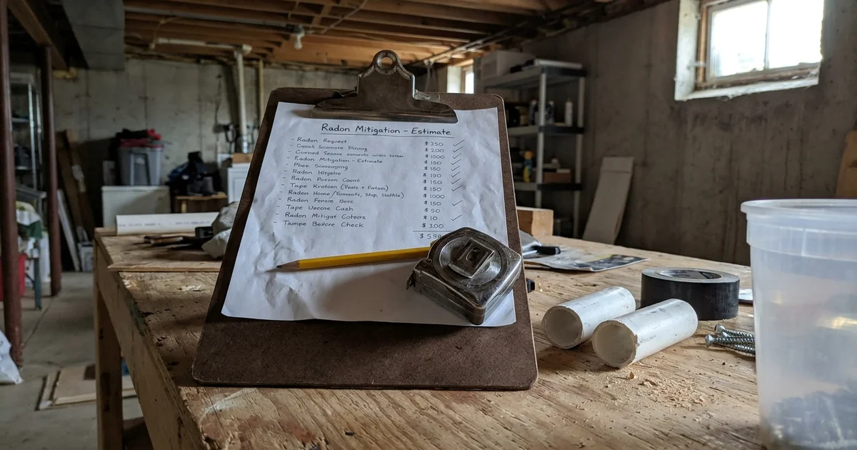 Radon mitigation quote paperwork on a clipboard in an Iowa basement