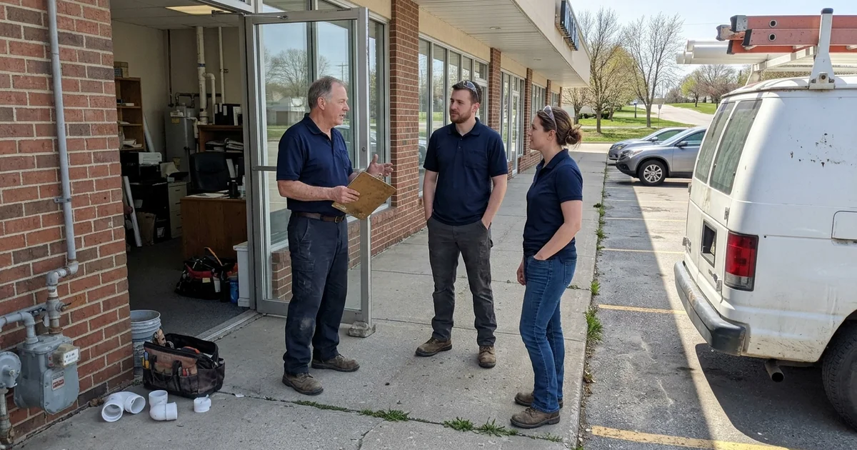 Radon Mitigation Des Moines team outside the Franklin Plaza office in Des Moines