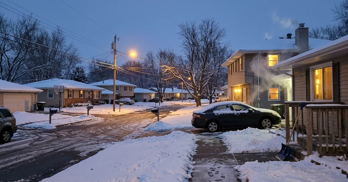 Snowy Des Moines neighborhood street at dusk with warm lit windows