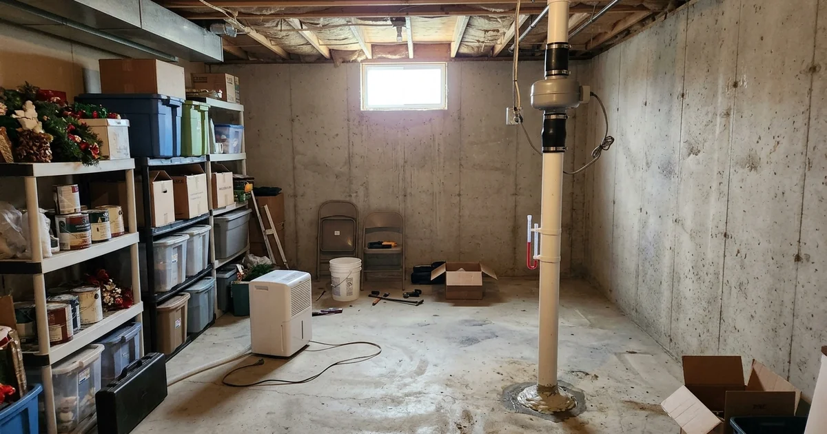 White PVC radon pipe rising from a basement slab to an inline fan in an Iowa basement