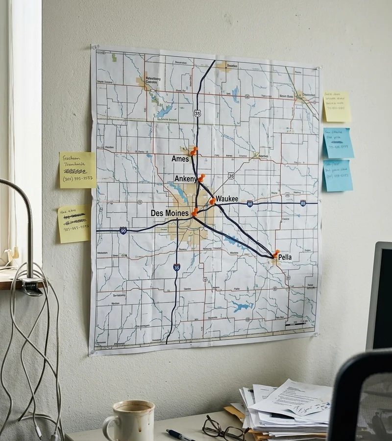 Map of the Central Iowa radon service area around Des Moines