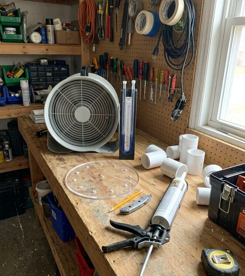 Radon fan, manometer, sump lid and PVC fittings laid out before an install