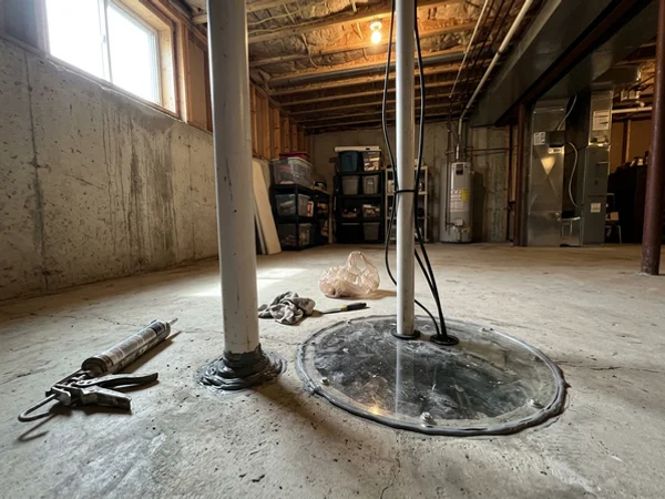 Radon suction pipe beside a sealed sump lid in an unfinished basement