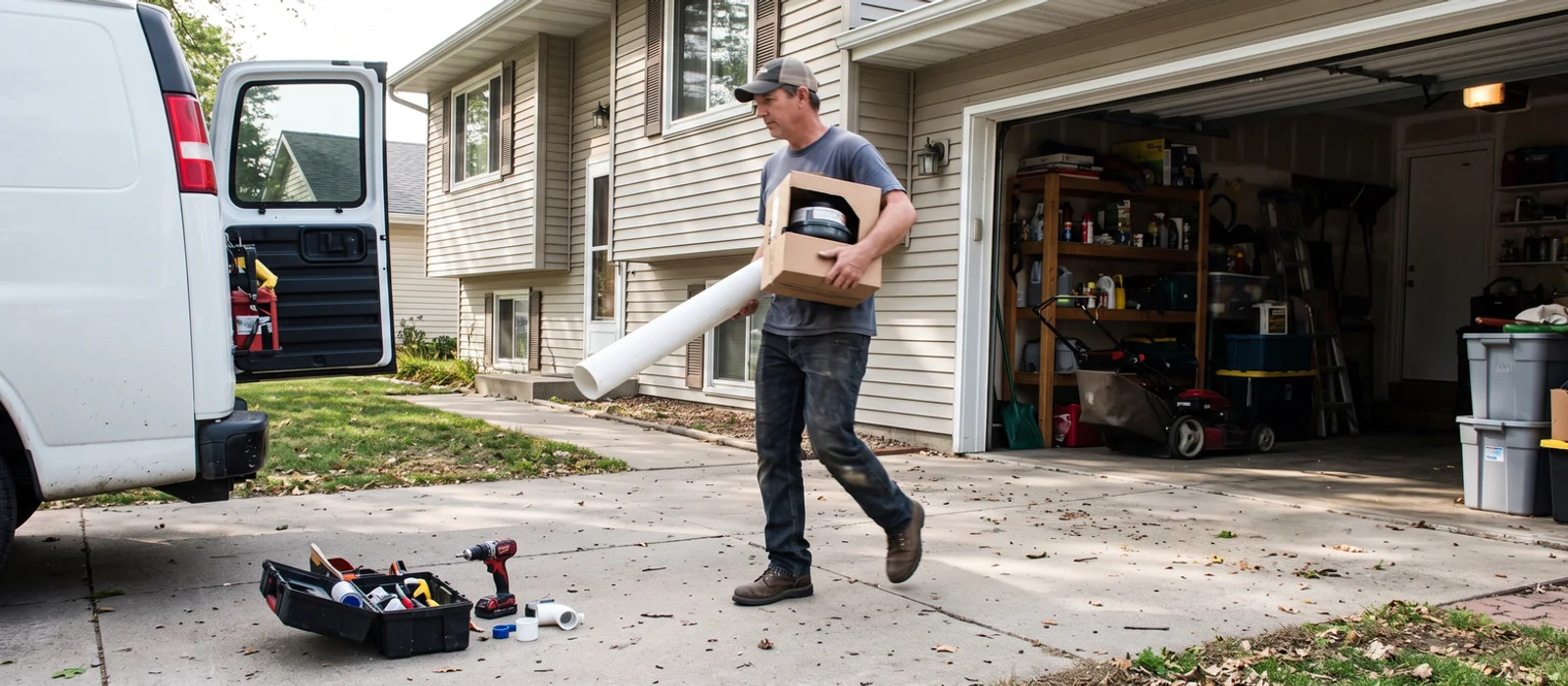 Technician carrying radon pipe and a fan from a work van to a Central Iowa home