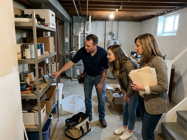 Agent, buyer and technician checking a radon monitor during a home inspection period