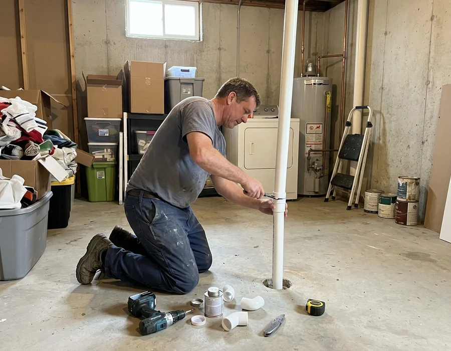 Technician installing a radon suction pipe in a Des Moines basement floor