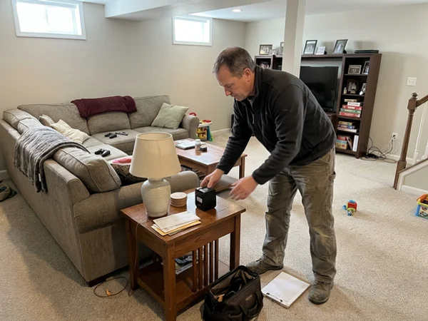 Radon monitor placed in a finished basement family room